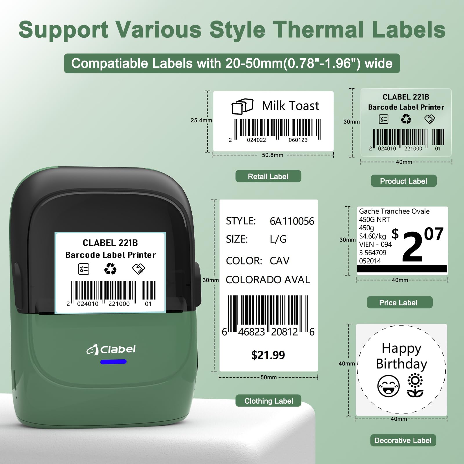 CLABEL Mini Portatile Stampante per Etichette: 221B Bluetooth Termica Etichettatrice Adesive Compatibile con iOS e Android Label Printer con 1 Rotolo di Etichette per Ufficio Casa Prezzo(Verde)