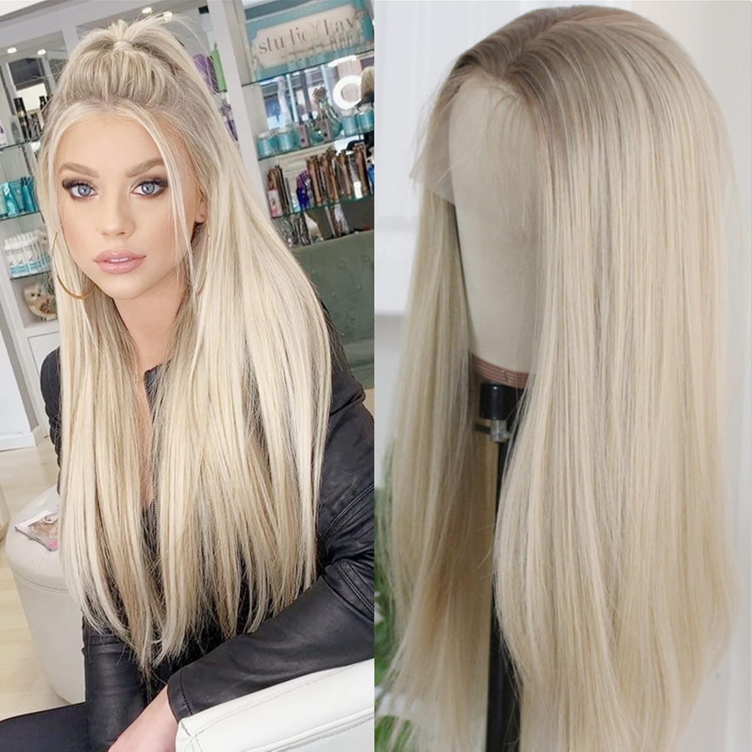 Aisom Ash Blonde Synthetic Lace Front Wigs for Women Ombre Blonde With Brown Roots Long Straight 24inch Pre Plucked Heat Resistant Lace Wigs Daily Use