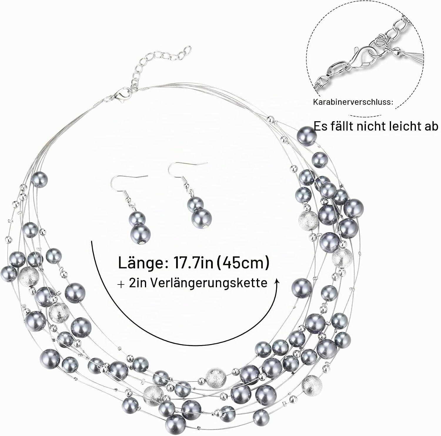 FULU AUTUMN Boho Pearl Necklace Women's Silver Statement Necklace Multi-Row Fashion Jewellery Birthday Gift for Women 37-Grey