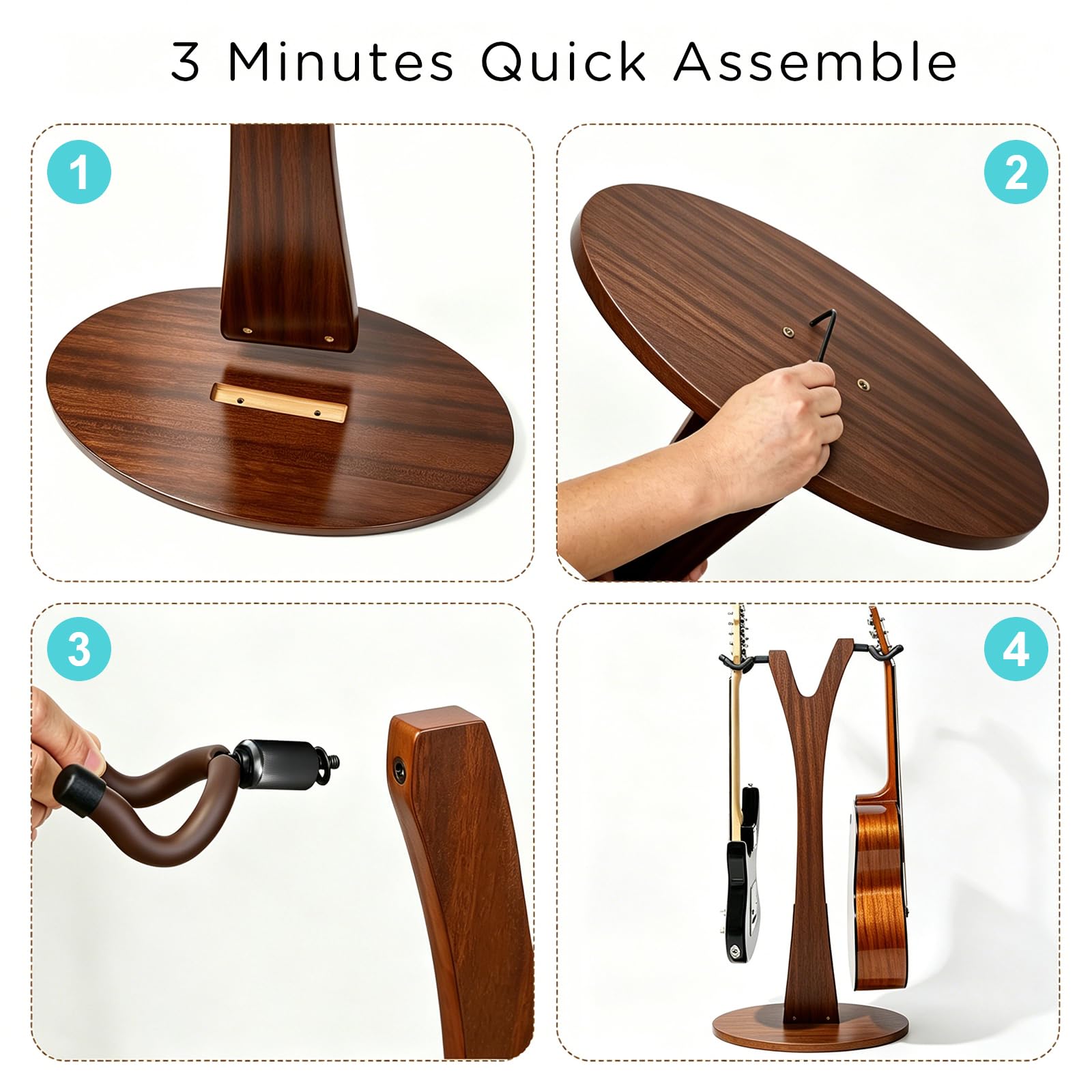 PUNK Soporte doble para guitarra, 2 soportes ajustables para guitarra, 2 soportes para guitarra eléctrica acústica, bajo, soporte de madera para múltiples guitarras, fácil de montar (nogal)