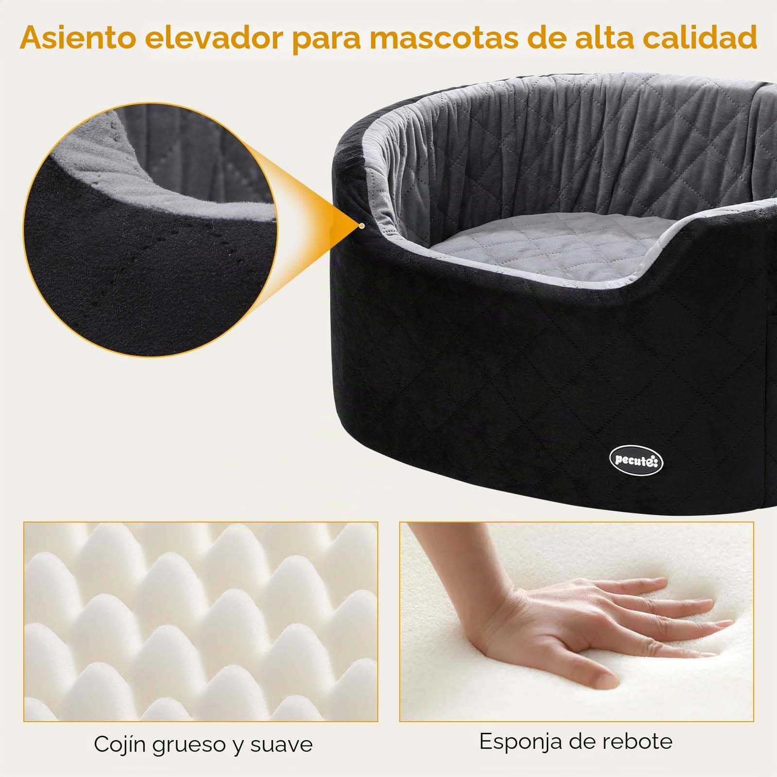 Pecute Asiento de Coche para Perros Pequeños y Medianos, Transportin Asiento Elevador para Perros con Bolsillos de Almacenamiento y Cojín 15cm, Silla Cama de Viaje para Mascotas,hasta 13,6 kg