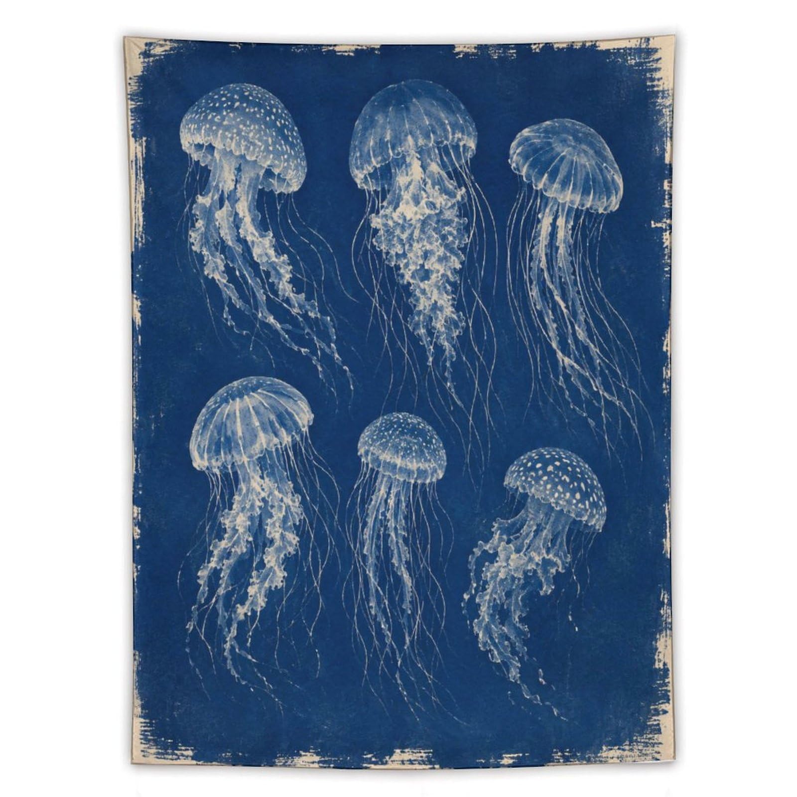 H3B8U2Y5 Blue Jellyfish Study Wall Tapestry, Vintage Poster, Bedroom