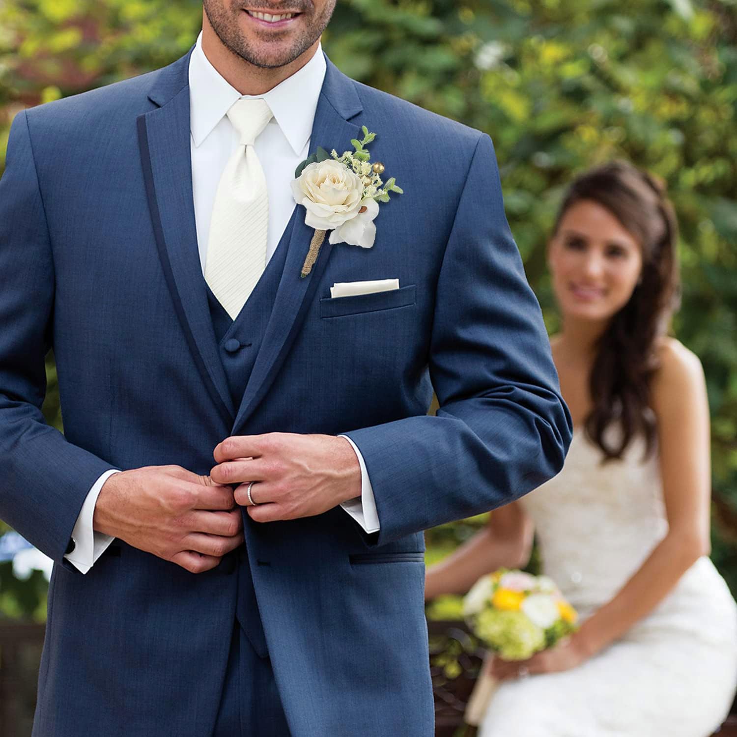 Rinlong Corsage and Boutonniere Set White Rose Corsages Wristlet Groom Flower Boutonniere for Men Wedding Homecoming Corsage for Prom