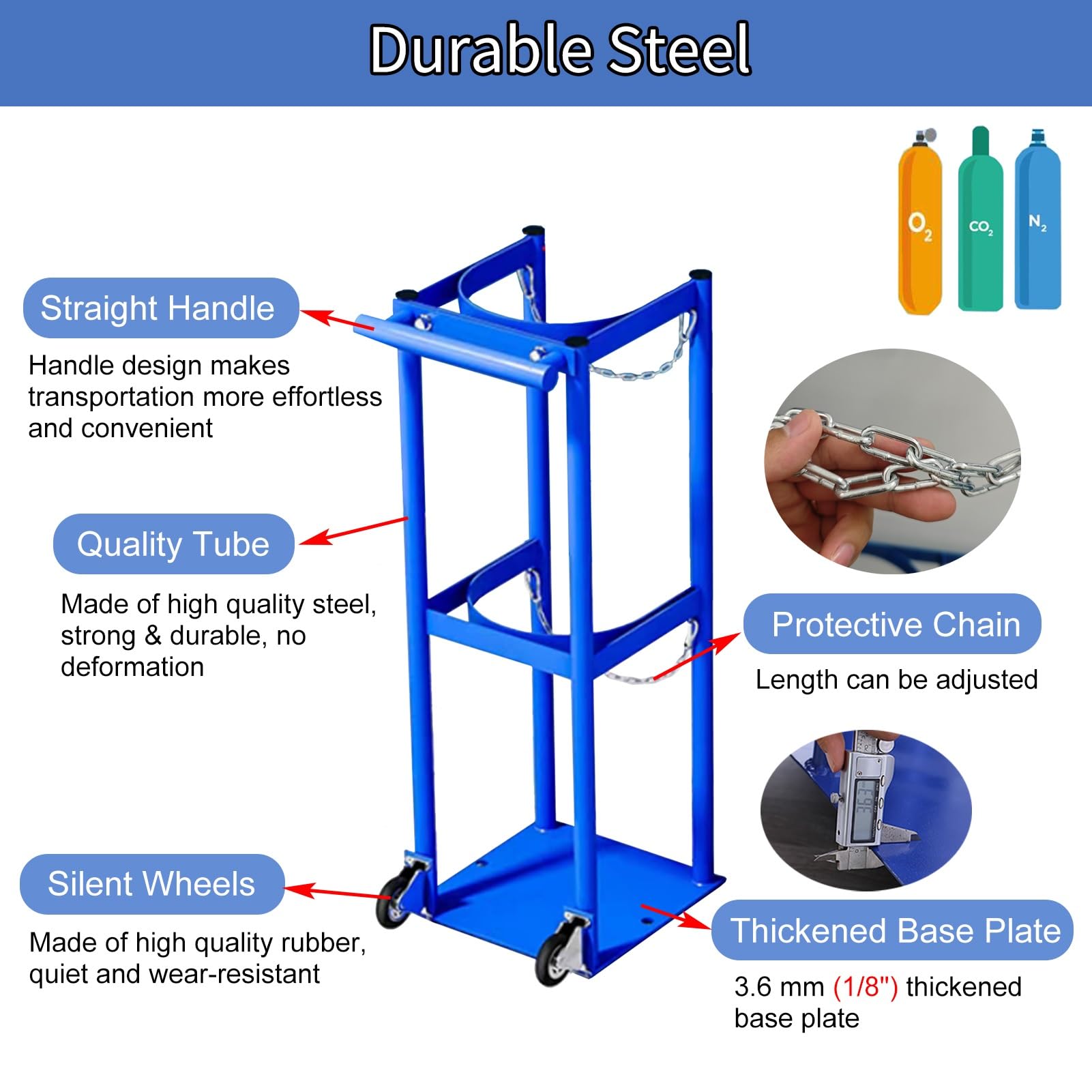 Soportes para Bombonas de Oxígeno Soporte de Acero Móvil con Ruedas para Bombonas de Oxígeno, Carrito para El Transporte de Bombonas de Oxígeno/ Nitrógeno/Argón/ Helio, Carretilla con Ruedas(Capacity