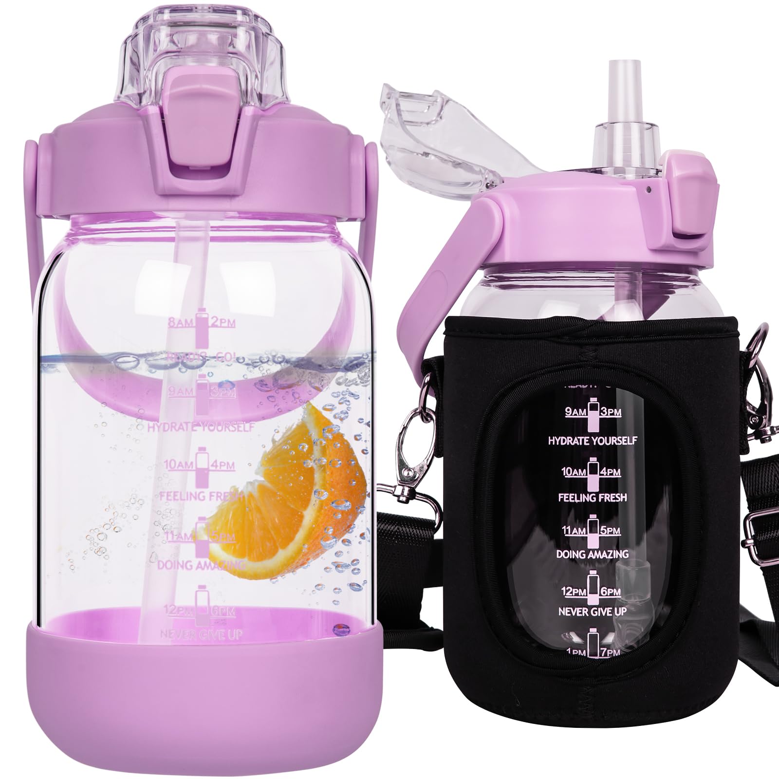 Seekua 1l Glass Water Bottle with Straw & Motivational Time Markings 1 litre Large Leakproof Gym Drinking Bottle