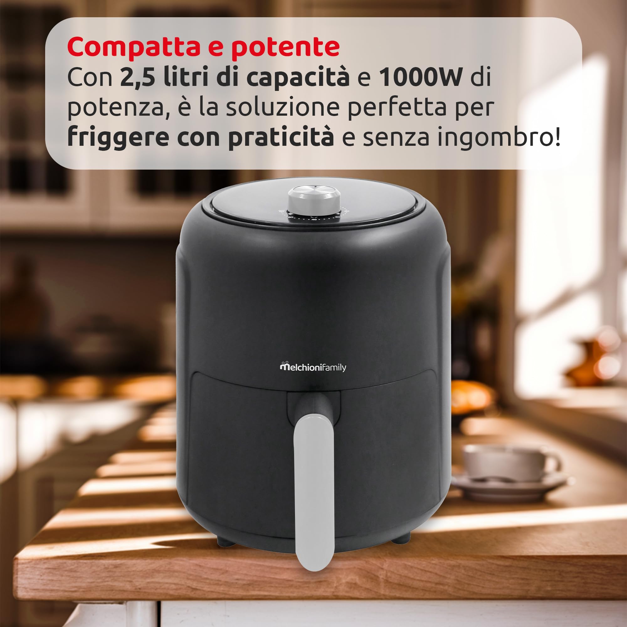 Melchioni Family Sofia - Freidora de aire, 2,5 L, 1000 W, reducción de grasa, 80%, cesta extraíble con mango temporizador, 30 min, temperatura ajustable hasta 200 °C