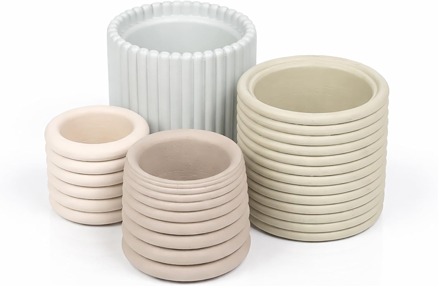 JONATHAN Y Silas Modern Minimalist Handmade Concrete Fluted Sculptural Cylinder Planter Set with Drainage Holes, Matte Soft Neutral (Set of 4) (PLN1000A-4SET)