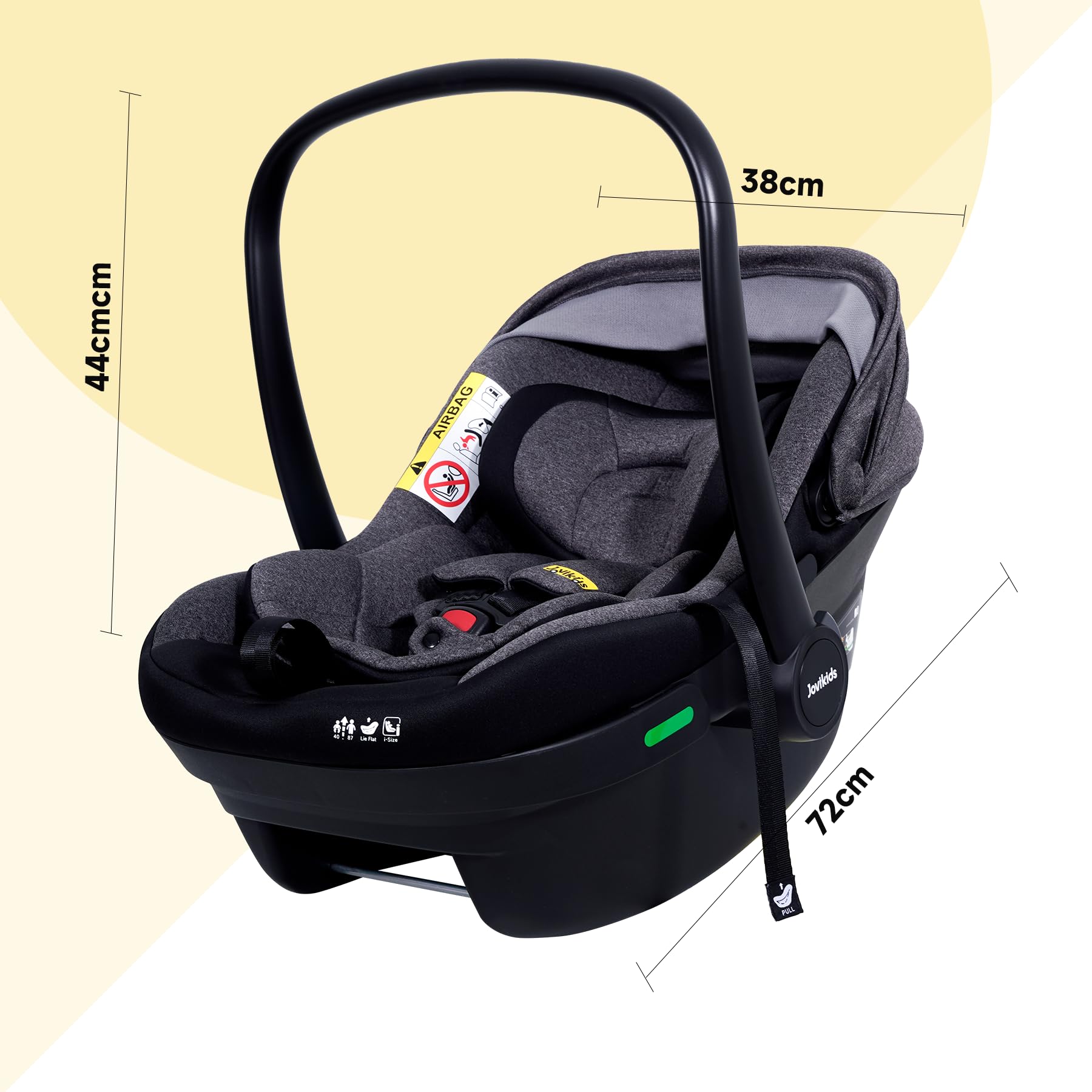 Jovikids Babyschale, Stufenlos verstellbare Liegeposition, Gruppe 0/0+ (40-87 cm) Baby Autositz mit Sonnendach, 3-Punkt-Sicherheitsgurt Seitenschutz (Babyschale Only)