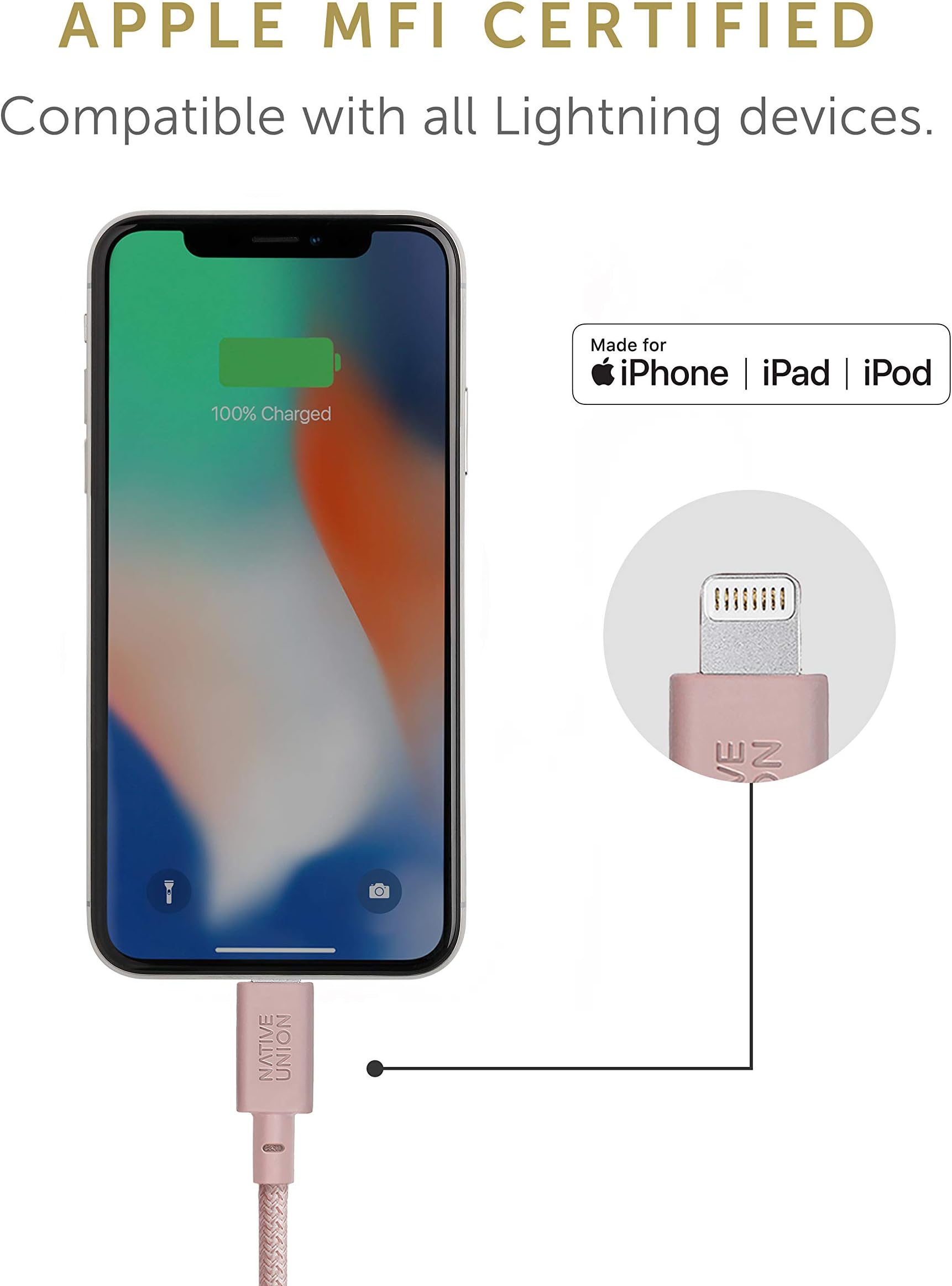 NATIVE UNION Belt Cable Charging Cable, 3.9 ft (1.2 m) (MFI Certified), USB-A, USB Type A to Lightning, iPhone Rapid Charging, Data Sync, Durable, Anti-Disconnect (Rose)
