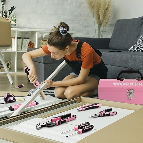 Miniatura 8 de WORKPRO Juego de herramientas rosadas de 75 piezas, destornillador inalámbrico giratorio de 3.7 V y kit de herramientas para el hogar, juego de