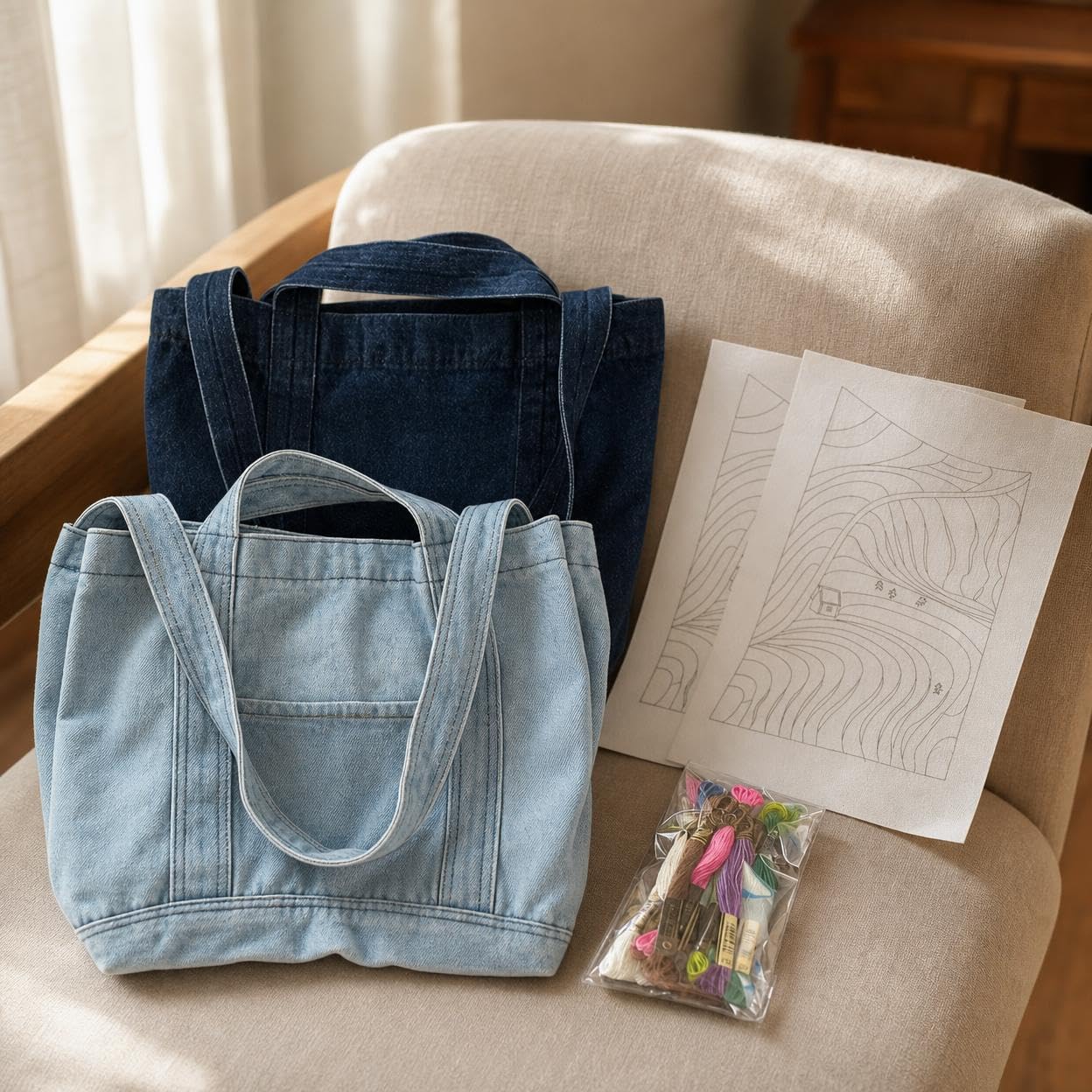 Yunmeryker Kit Ricamo Fai da Te per Principianti, Kit da Borsa in Tela con Strumenti e Istruzioni, Borsa fai da te in denim chiaro e scuro (due pezzi), senza telaio da ricamo