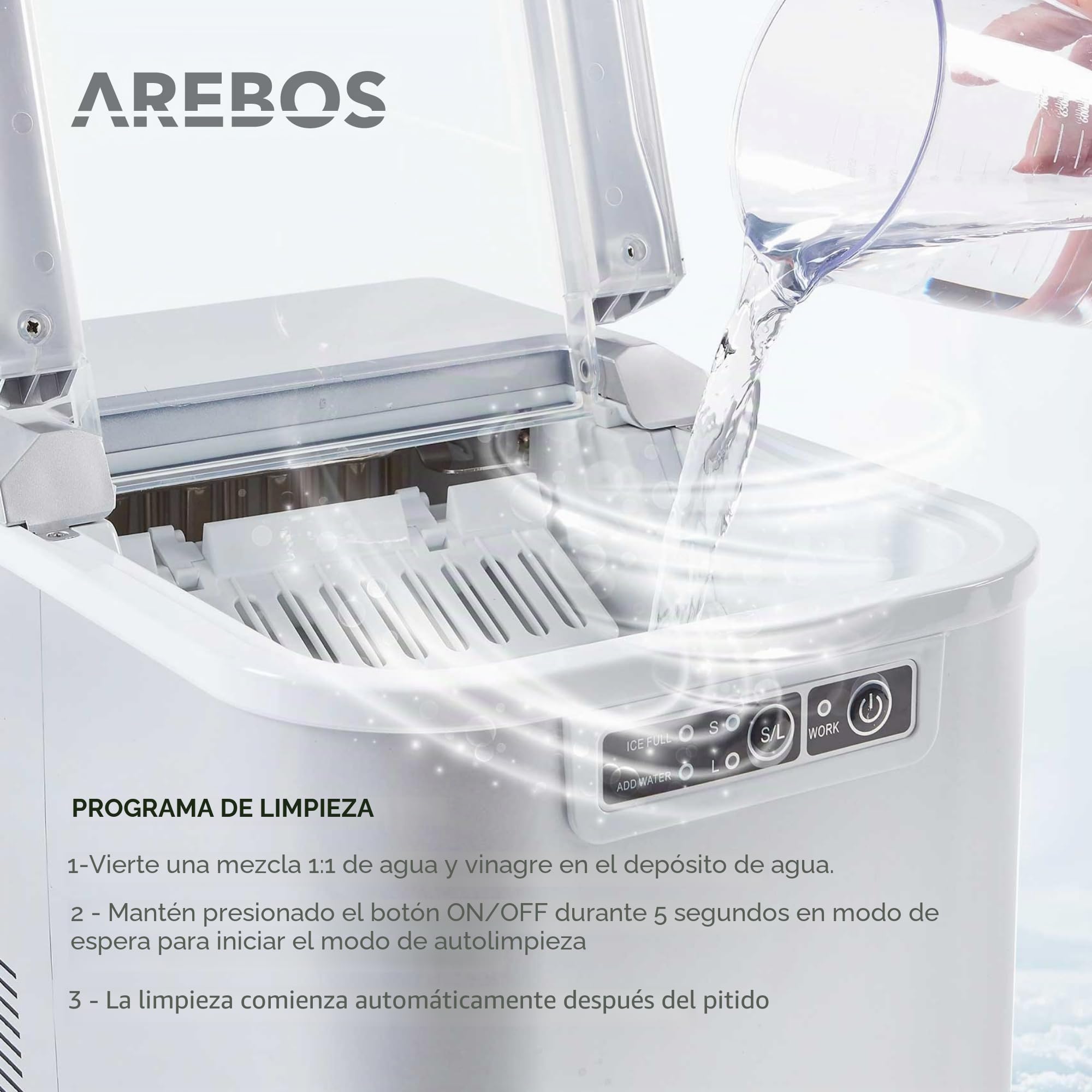 Máquina para hacer cubitos de hielo | 12 kg/24 h | 8 minutos de tiempo de producción | 2 tamaños de cubitos de hielo | 2,2 L | Arebos | silencioso | Ice Maker sin conexión de agua