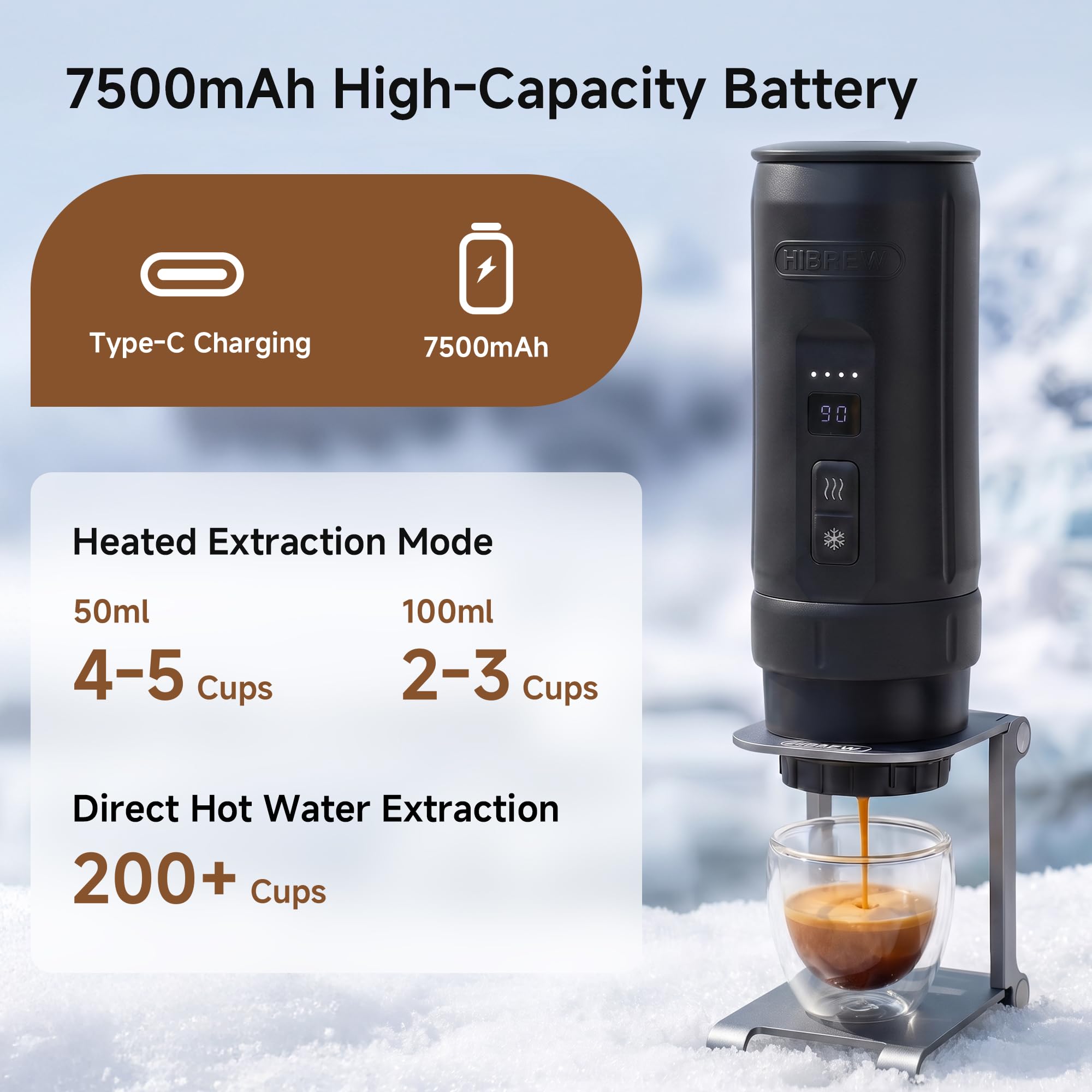 HIBREW H4C Explorer – Tragbare Elektrische Espressomaschine, Aufladbare Kaffeemaschine für Camping und Reisen, Kompakt für Kapseln & Gemahlenen Kaffee, mit Klappbarem Halter und Tragetasche (Schwarz)