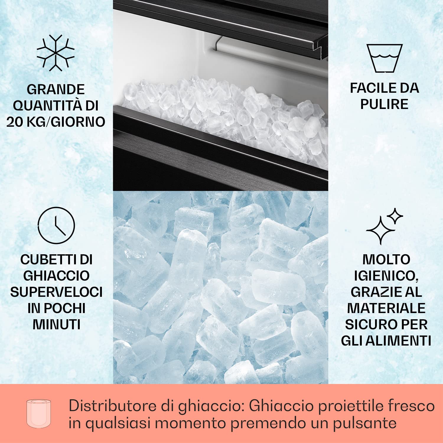 Klarstein Powericer Macchina Ghiaccio Casa 145W, Professionale, Fabbricatore Ghiaccio Secco fino a 20kg, Cubetti di Grandi e Piccole Dimensioni, Serbatoio 3.5kg