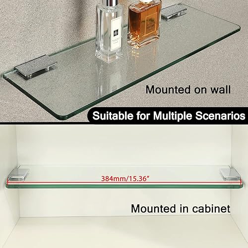 Miniatura 7 de SAYAYO Estantes de vidrio flotante para baño, estante de vidrio templado para pared de 15 x 5 pulgadas, 1 unidad, transparente