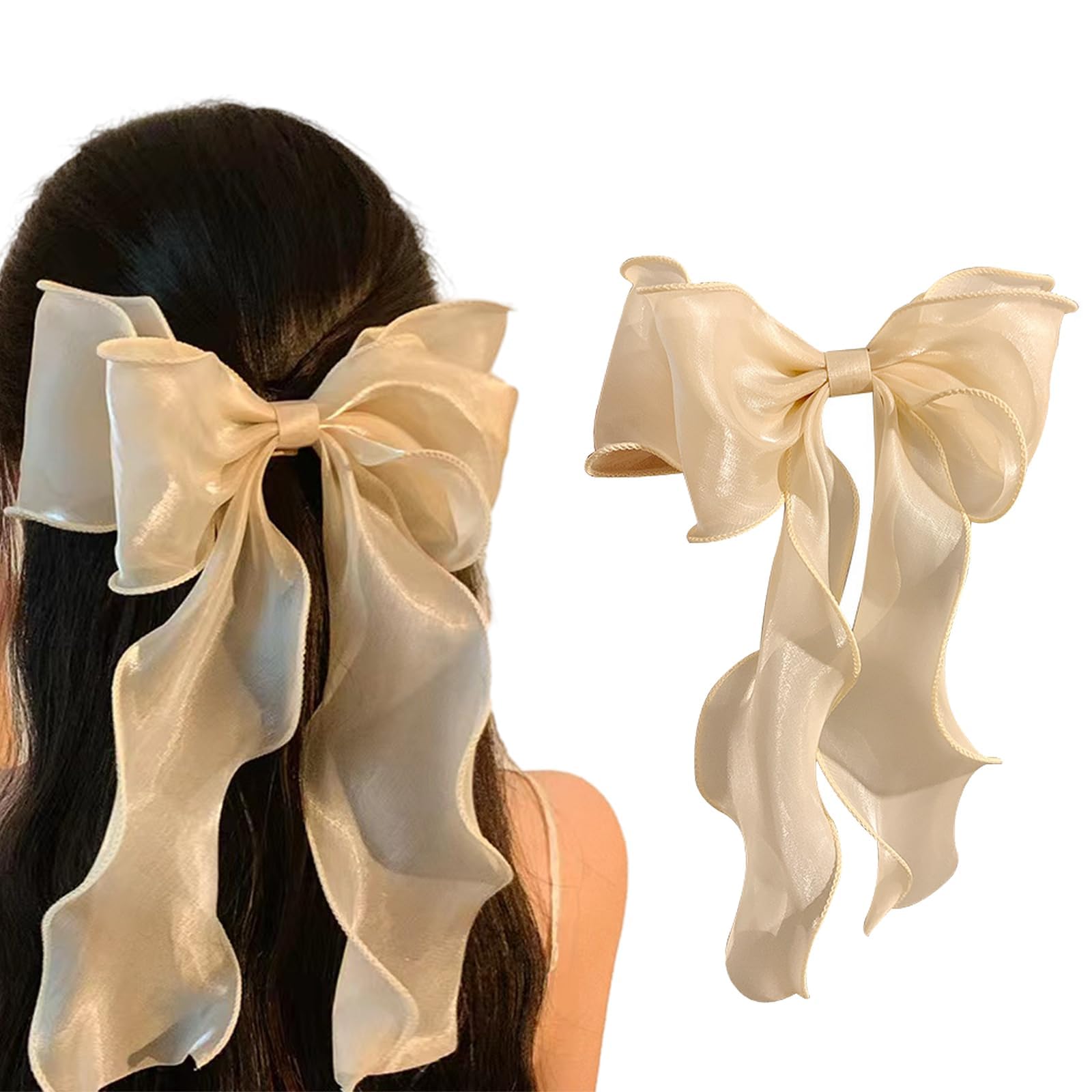 papasgix Hair Clip, Hair Bow Clips for Women, Solid Color Long Silk Ribbon Bow Hair Clip, Champagne, 1 Count