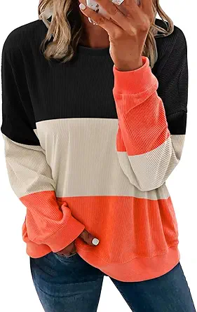 KISSMODA Women's Casual Long Sleeve Sweatshirt Color Block/Solid Crewneck Corduroy Pullover Cute Tops