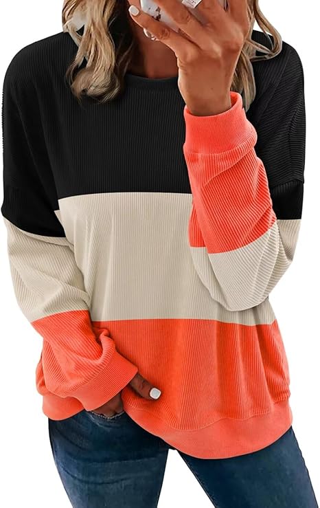 KISSMODA Women's Casual Long Sleeve Sweatshirt Color Block/Solid Crewneck Corduroy Pullover Cute Tops