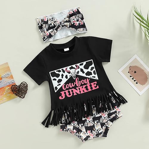 Miniatura 6 de Ropa occidental para bebé niña camiseta de manga corta con estampado de letras pantalones cortos con estampado de vaca ropa de verano para bebé niña