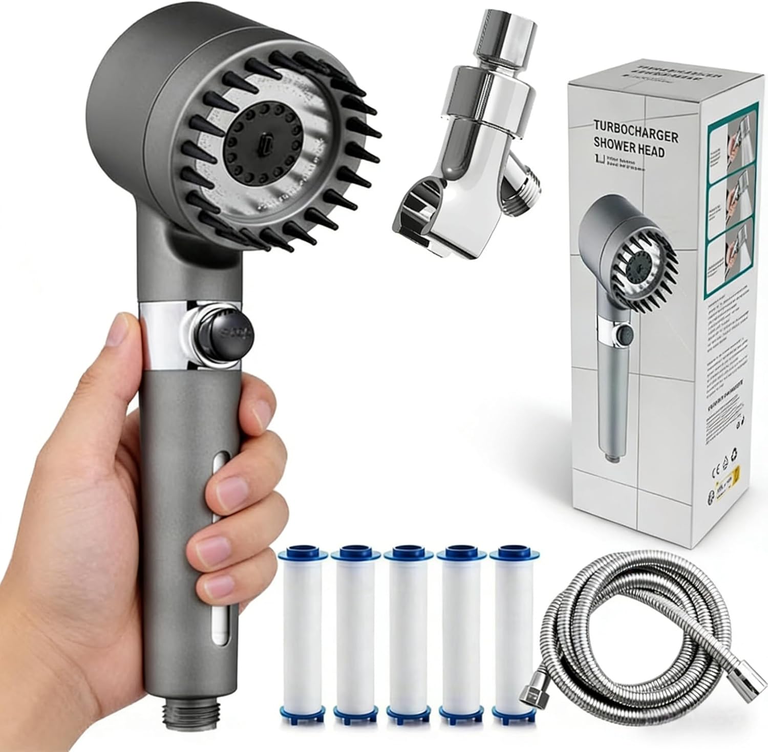 2026 New Ion Drops Filtered Shower Head | 4-Mode High-Pressure with 5 Filters, 59" Hose & Bracket | Built-in Power Flush for Easy Bathroom Cleaning