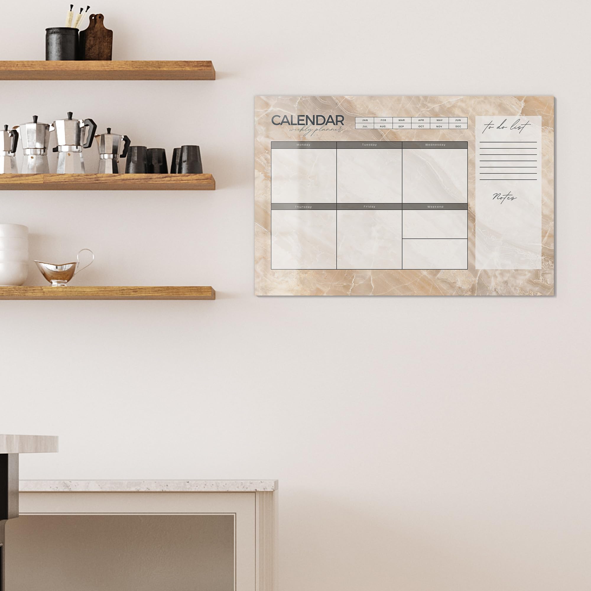 DEQORI Lavagna magnetica in vetro | 90 x 60 cm | motivo "Agenda settimanale elegante (EN)" | Lavagna magnetica con magneti, penna e panno per cucina e ufficio, lavagna magnetica e scrivibile