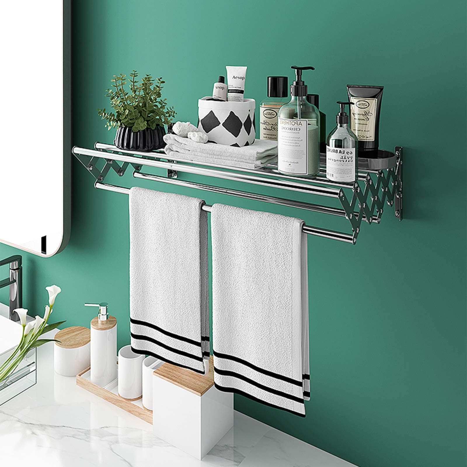 Wandgemonteerd, uittrekbaar droogrek van roestvrij staal, 7 stangen, geen installatie nodig, voor balkons, bijkeuken, badkamer, overal waar een muur aanwezig is (86-158 cm