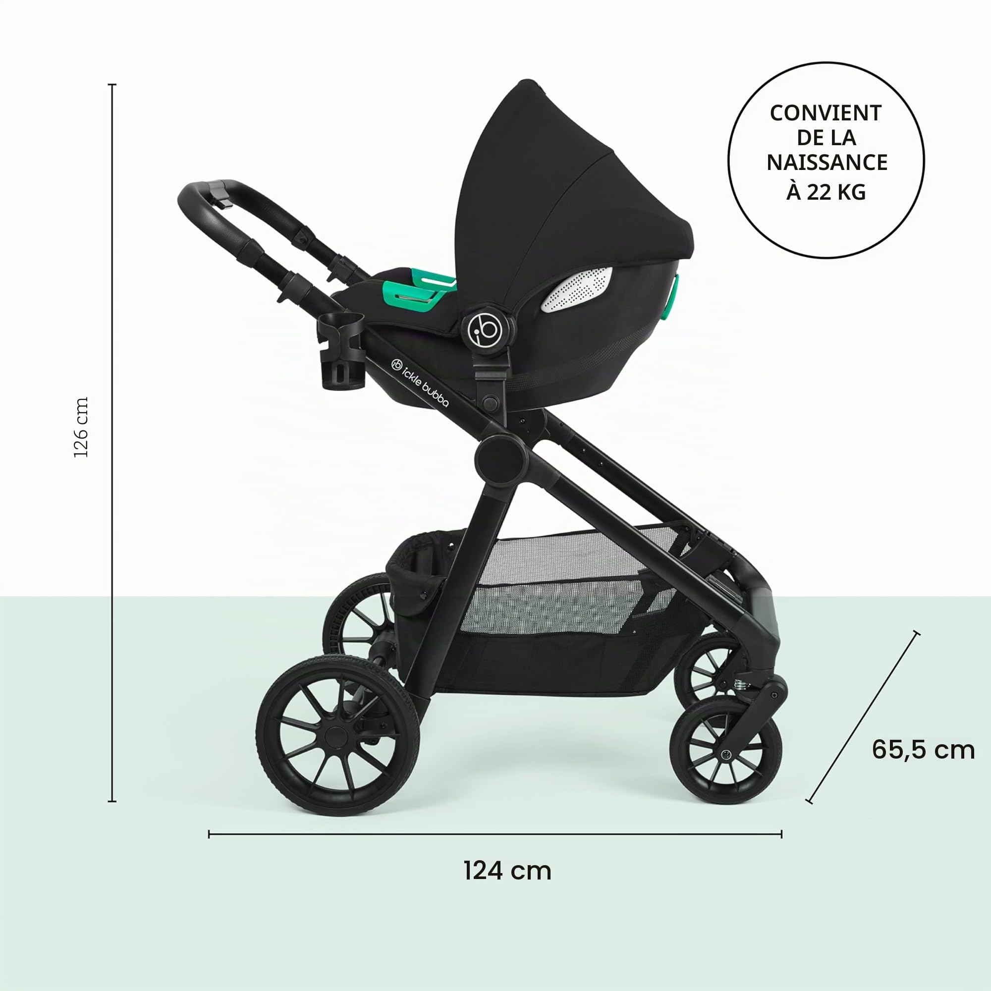 Système de voyage Ickle Bubba Virgo Twin 18 pièces avec sièges auto i-Size Cirrus et base ISOFIX, adapté de la naissance à 15 mois – poussette tandem et accessoires (Noir)