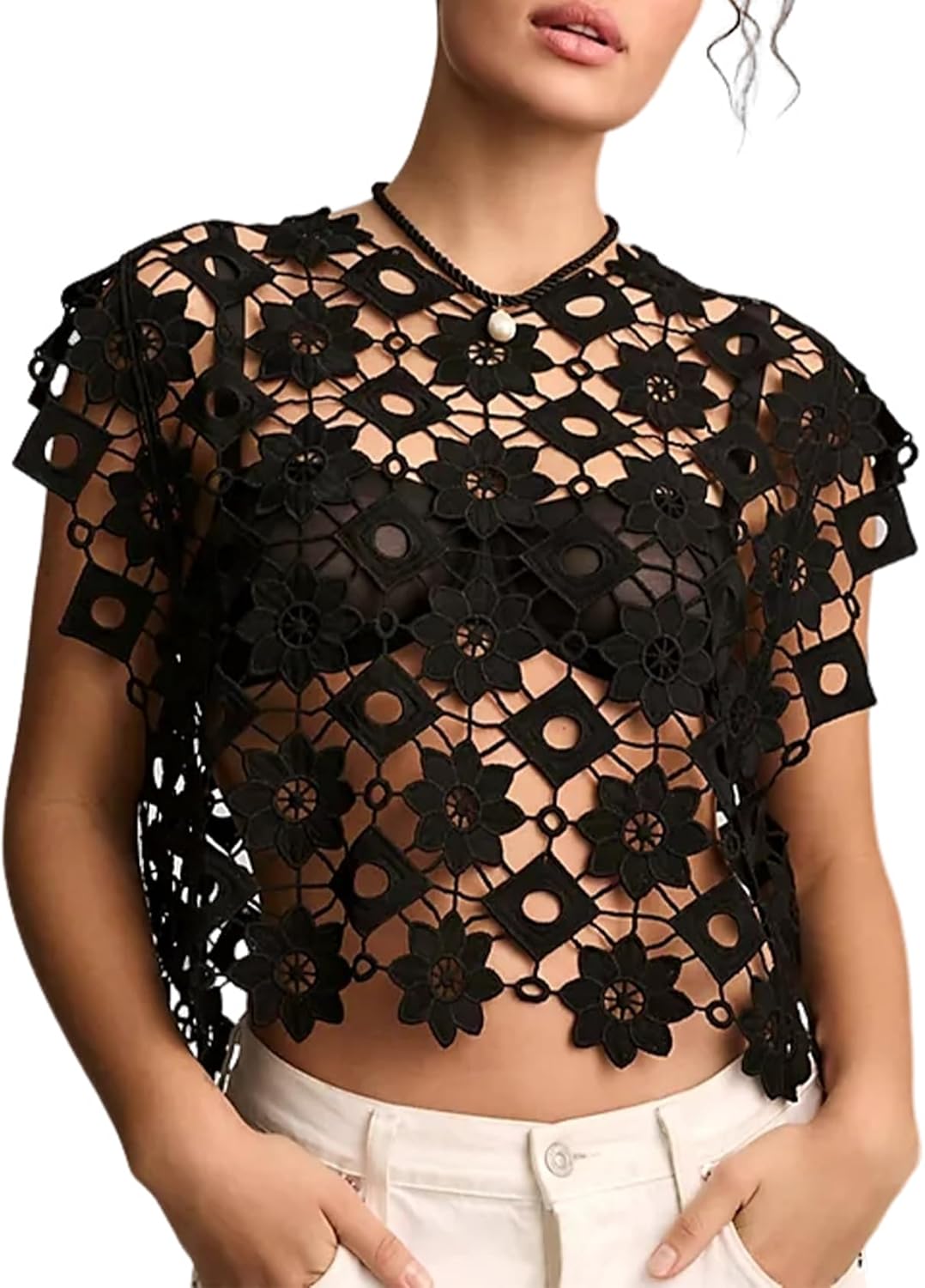 Yimoon Women's Hollow Out Floral Lace Vest Sleeveless Crewneck Cover Up Summer Going Out Tops