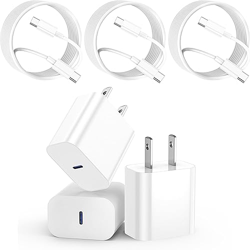 Cargador para iPhone 15, cargador de iPad, paquete de 3 bloques de carga rápida USB C de 20 W para iPhone 15 Pro MaxPlus, cable USB C a C de 6 pies