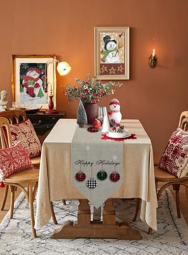 Miniatura 4 de Camino de mesa temático de Navidad, algodón y lino, adornos rústicos, bolas a cuadros, antideslizantes, decoraciones de fiesta, bufanda de tocador