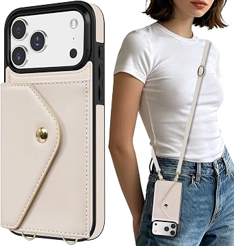 LOHASIC for iPhone 17 Pro Max Wallet Case with Strap, Slim 3 Card Holder & Cash Storage, Adjustable & Detachable Crossbody Lanyard Wristlet, RFID Blocking Leather Phone Case Wallet for Women - Beige