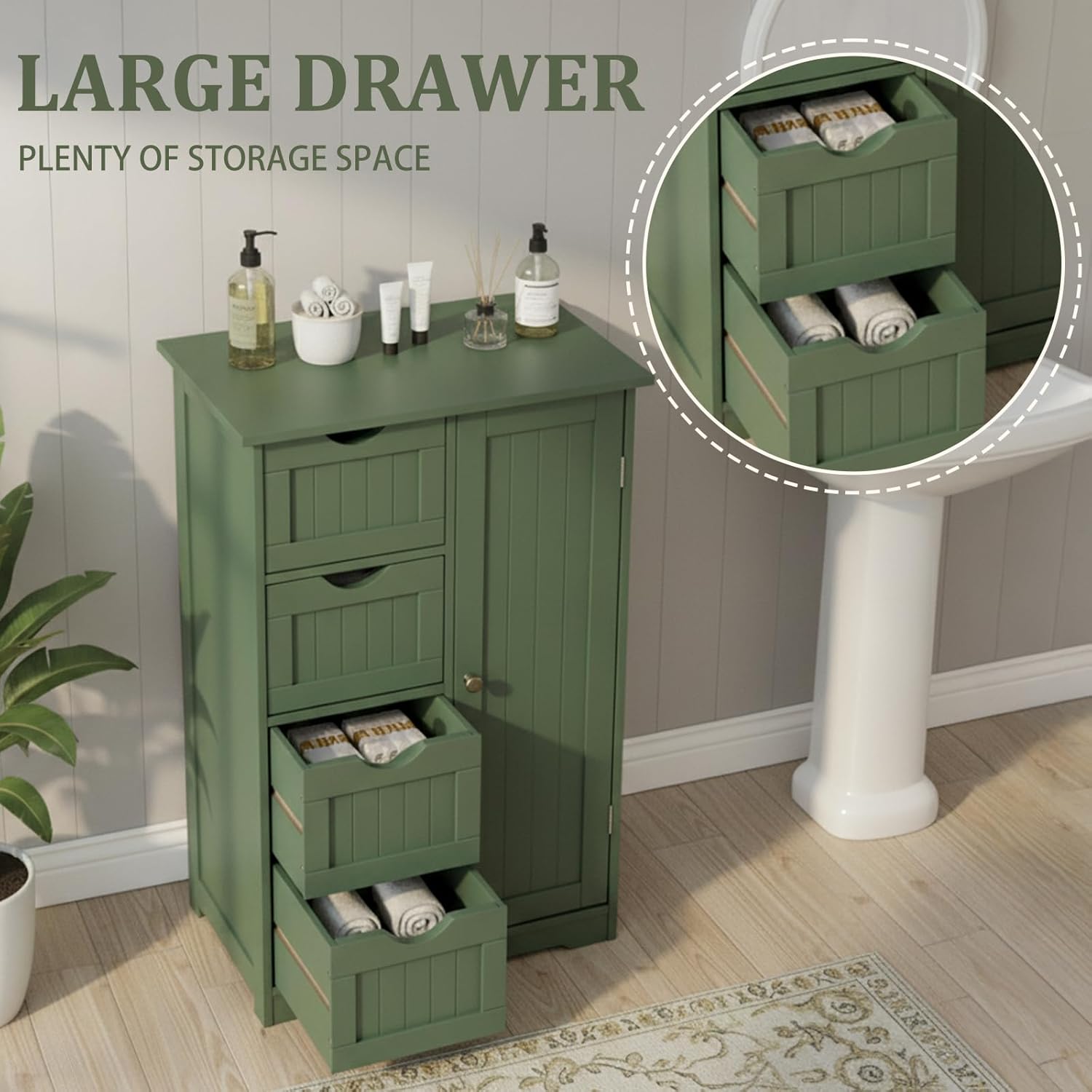 Wooden Bathroom Floor Cabinet,Side Organizer with 4 Drawers and 1 Door,Freestanding Cupboard with Adjustable Shelf,Entryway Unit Console Table,Bathroom Furniture for Kitchen Living Room (Green)