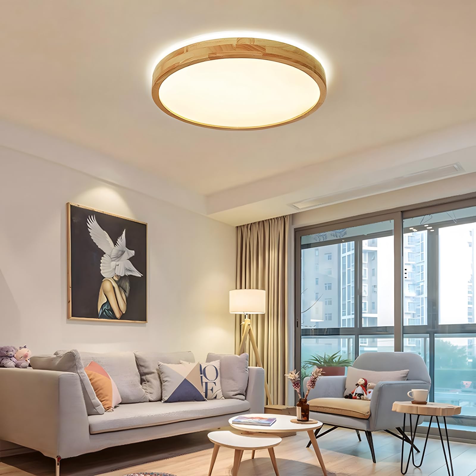 Holz LED Deckenleuchte | Ø40cm 3000-6000K 30W | Runden Oberseite, 360° Leuchtende Natürliche Holzlampe, Schlafzimmer Wohnzimmer Kinderzimmer Küche Esszimmer (Dimmbar Mit Fernbedienung)
