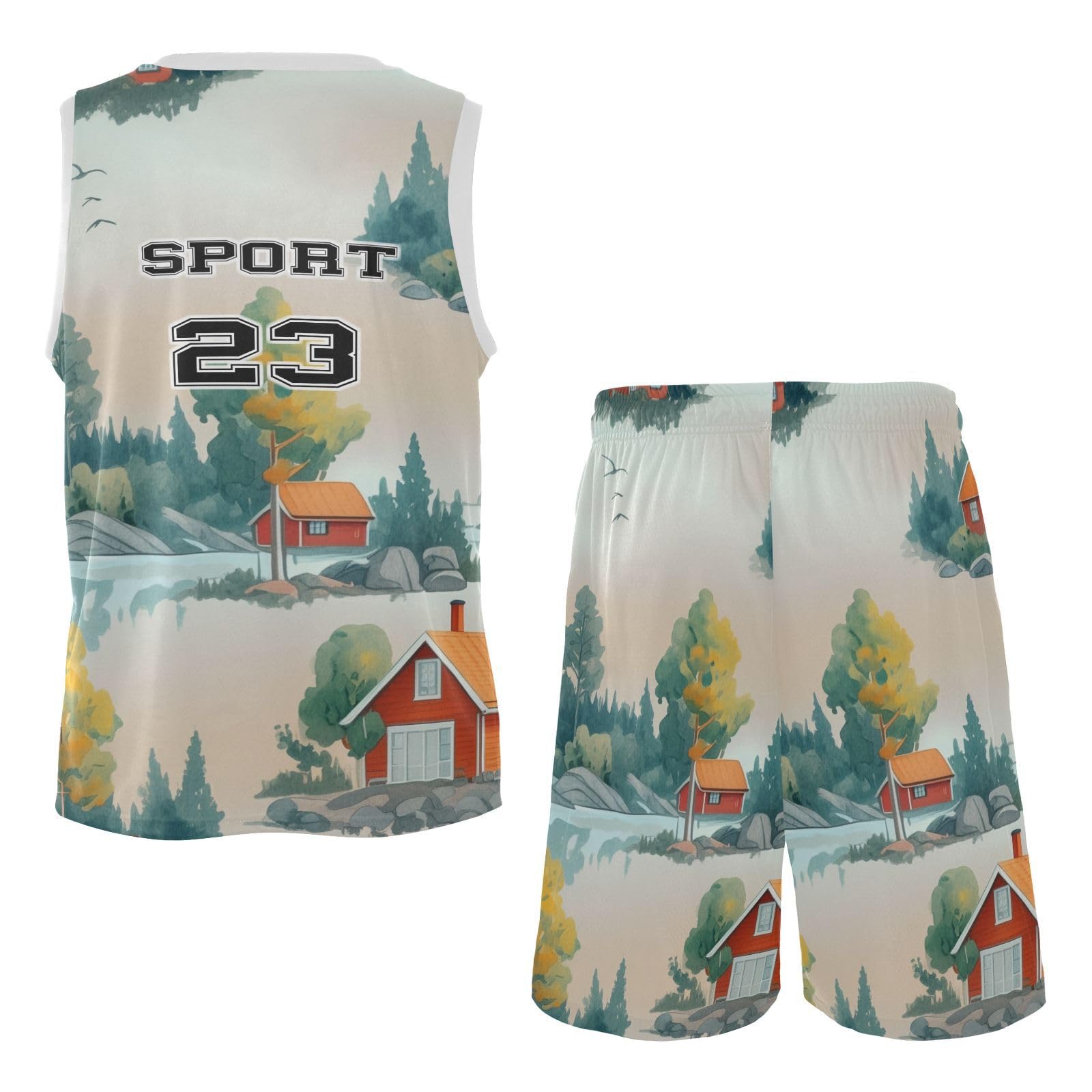 FLildon Cartoon Farmhouse Landscape Boys Basketball Jersey Set Tank Top Shorts Tracksuit Sport Training Suit for Kids, L