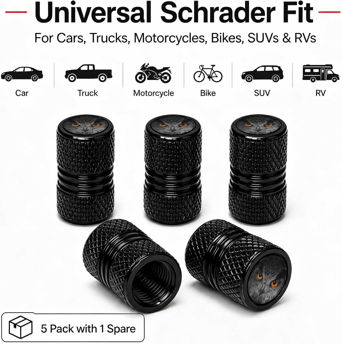 Wild Owl Tire Valve Stem Cap Aluminum,5 Pack Tire Valve Caps Universal for Cars,Trucks,Motorcycles,Bikes,Wild Animal Orange Owl Eyes Decorative Wheel Accessories Car Unique Gifts image 3