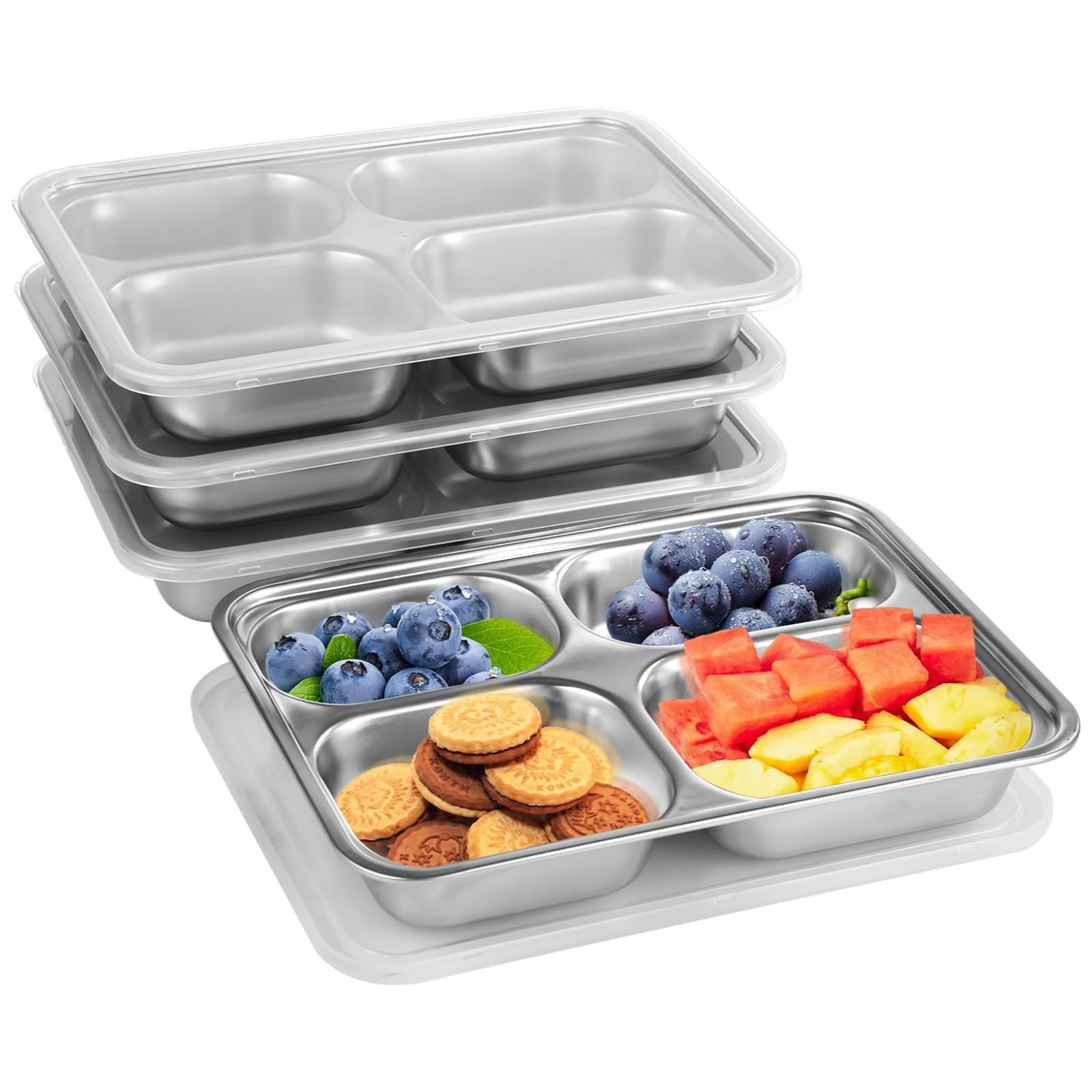 Lot de 4 boîtes à bento en acier inoxydable avec couvercles pour enfants et adultes, plateaux à déjeuner réutilisables
