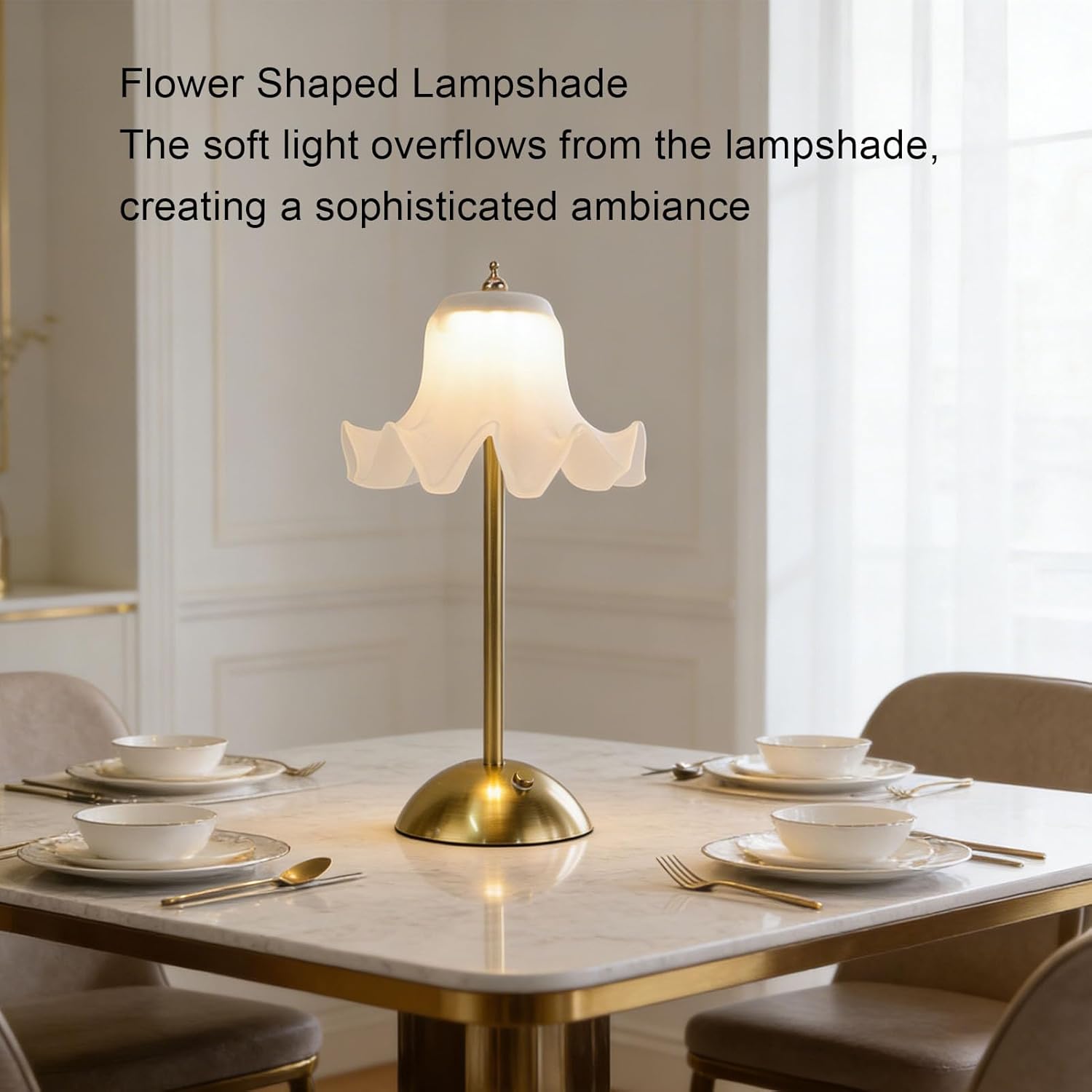Cordless Table Lamp, Rechargeable Desk Lamp with Flower Shade, 1200mAh Battery Operated Lamps, Bedside Night Light Home Decor, Ambient Light for Restaurant