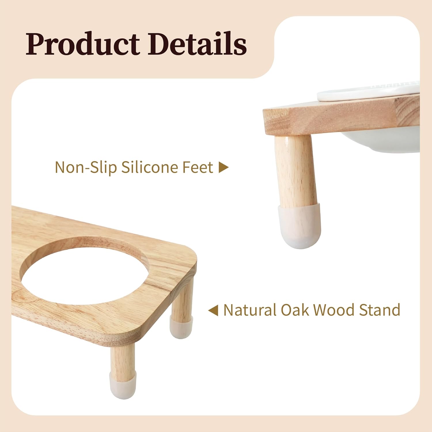 11.8 oz Elevated Ceramic Double Cat Bowl Set - Modern Lead-Free Feeder with Natural Oak Wood Stand (Oak Stand & 2 White Bowls)