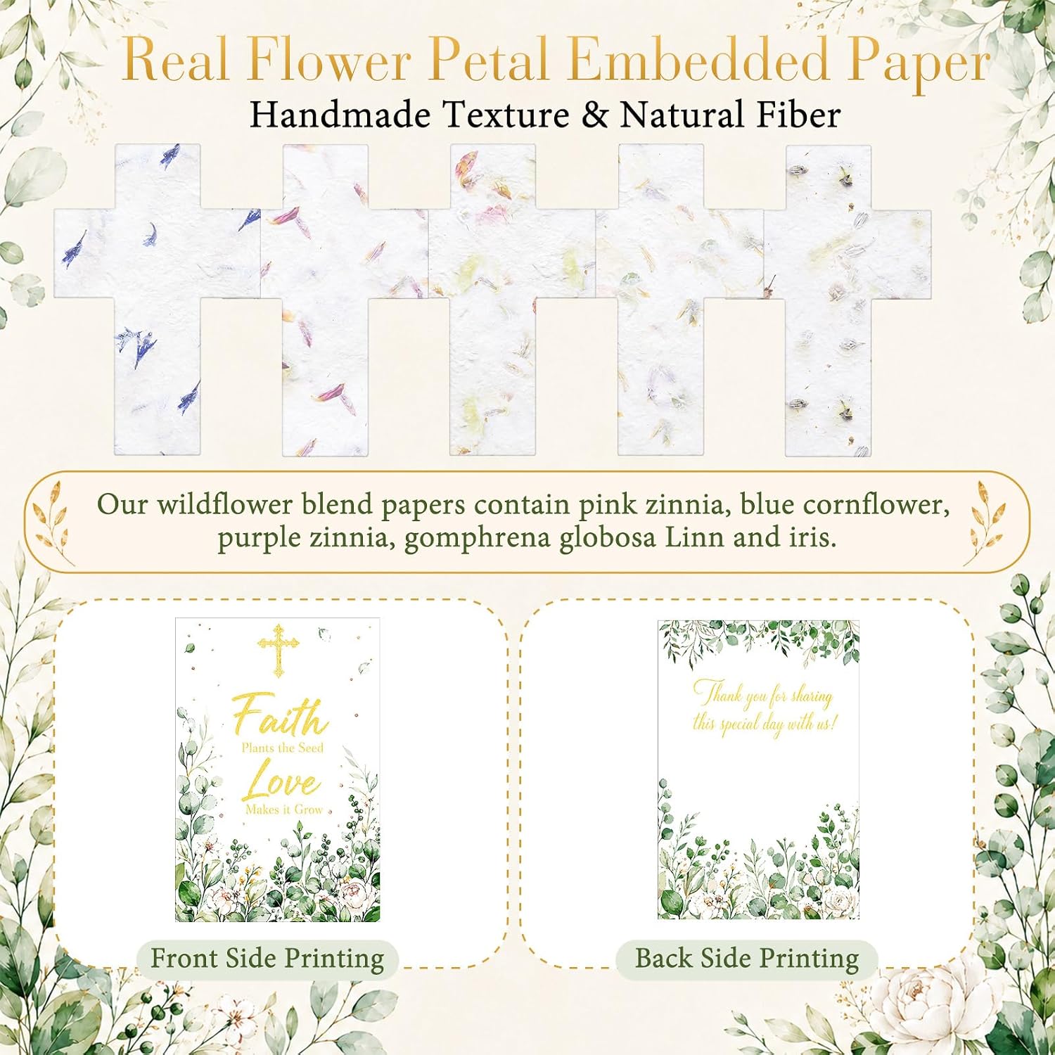 Crtiin 50 Sets Christian Favors Cross Shaped Wildflower Petal Seed Paper with Faith Plant The Seed Love Make It Grow Cards and Organza Bags for Religious Baptism Funeral Celebration of Life Gift