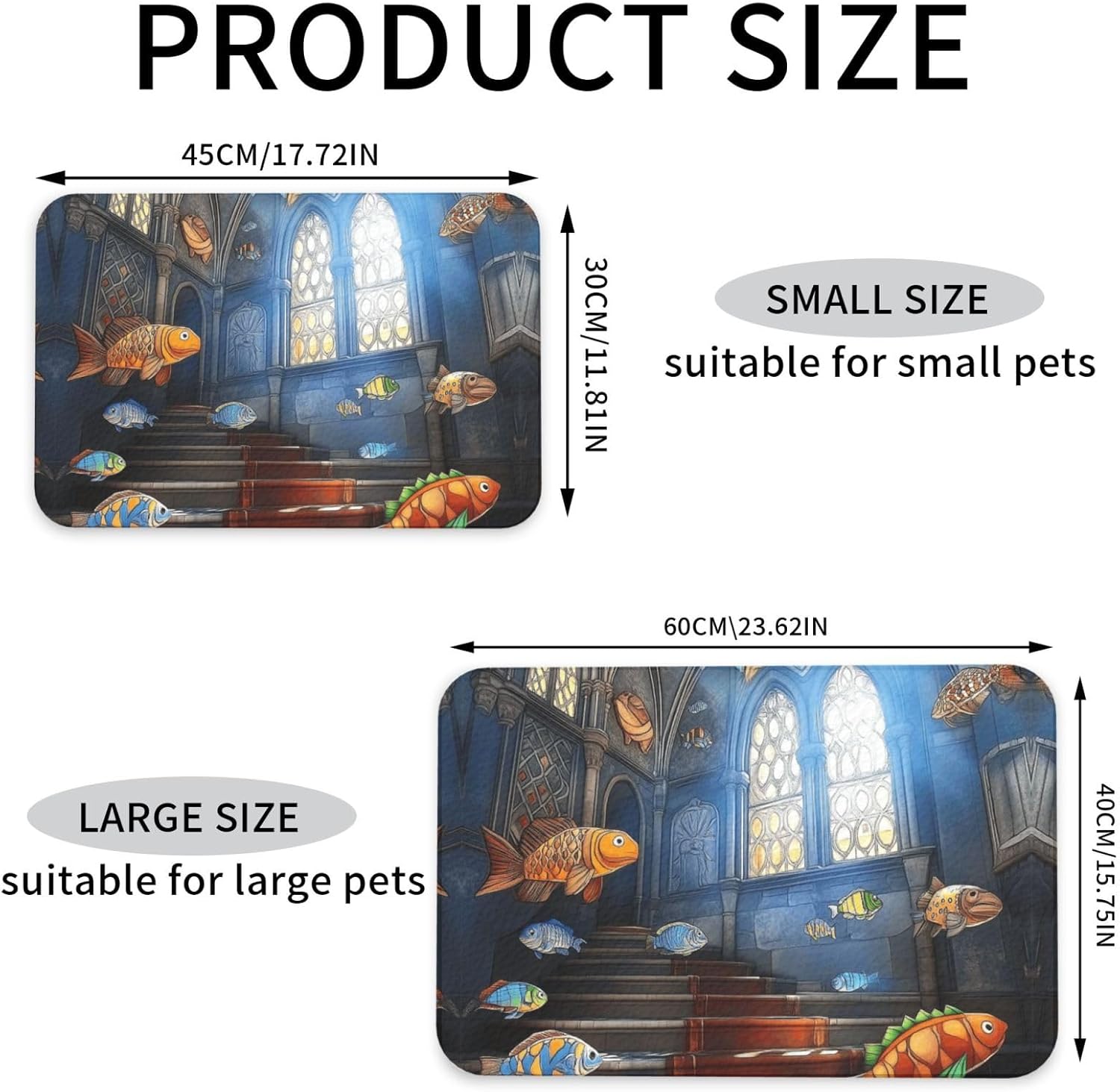 Underwater Temple and Fish Pet Feeding Mat Dog Cat Eating Food Absorbent Leather Tablecloth for and Water Bowl Waterproof No Stains Quick Dry Non-Slip 23.62 * 15.75IN