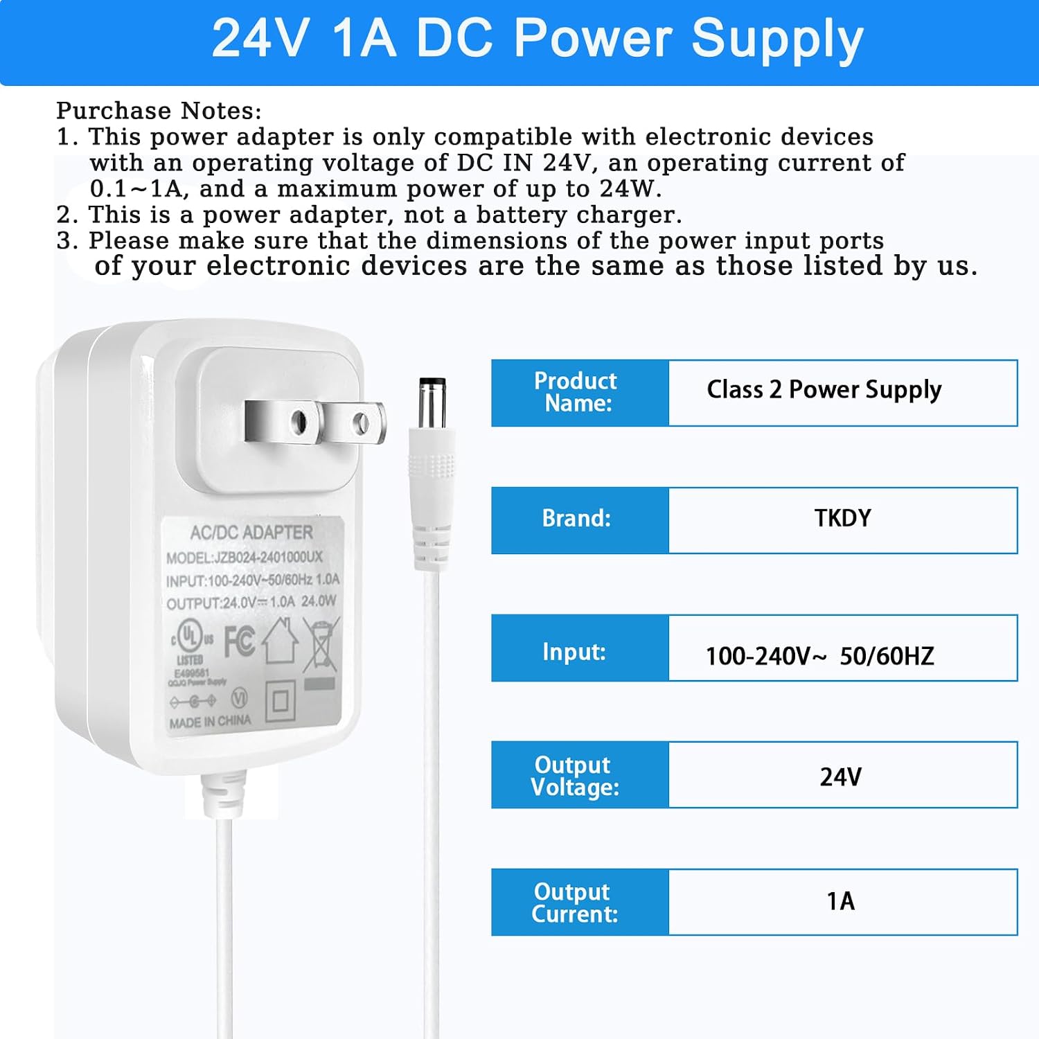 24V 1A Power Supply Adapter White with 5 Tips, 24W AC 100-240V to DC 24 Volt Power Cord, Class 2 Switching for LED Light Strip, String Lights, Soundbar, Massage Gun and More.