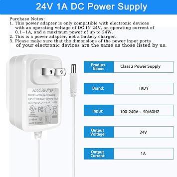 24V 1A Power Supply Adapter, DC24V Power Cord White, AC 100-240V. | fit for 24Volt 24Vdc 500mA 1000mA Essential Oil Diffusers Humidifiers.