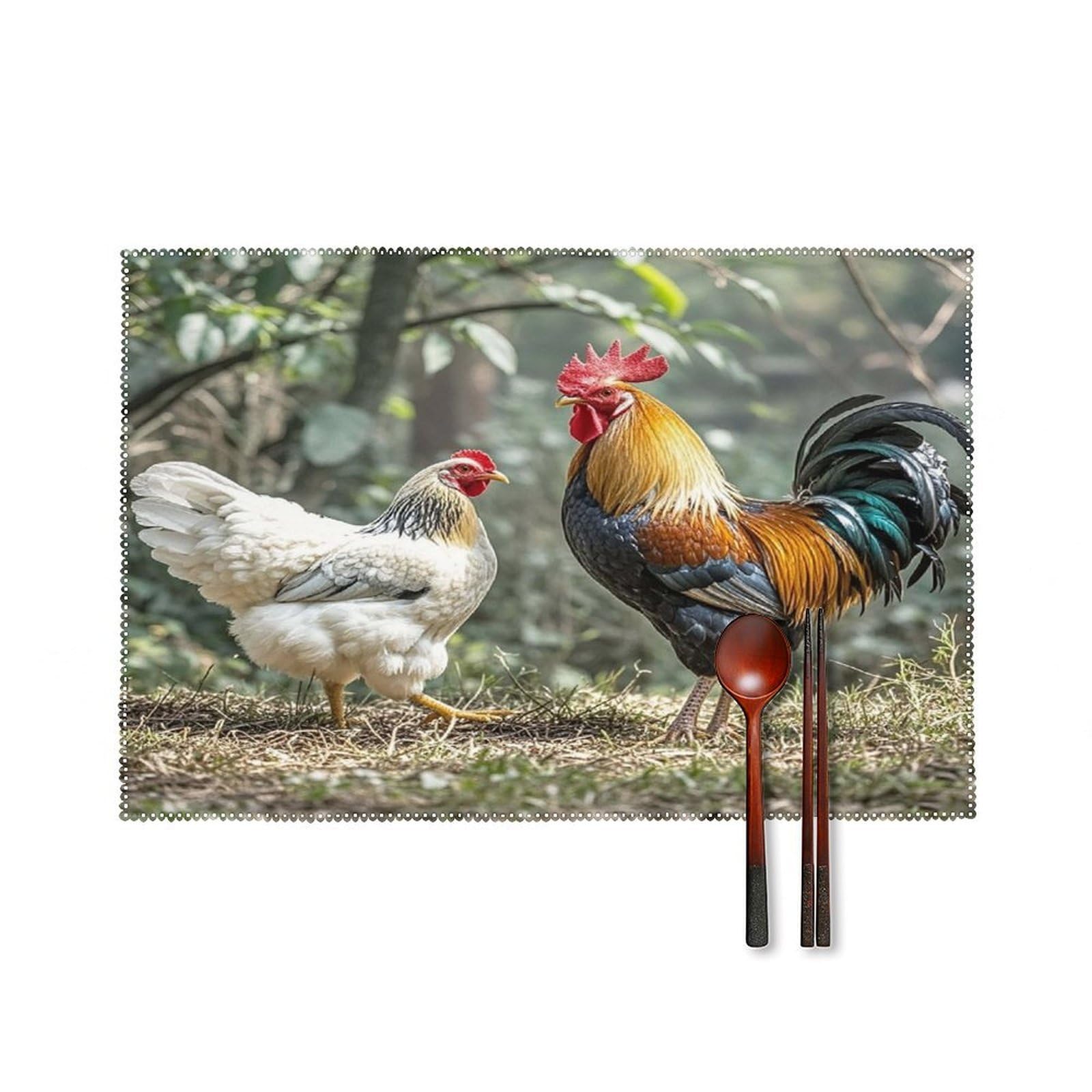 Rooster and Hen Placemats Set of 6 Washable Farmhouse Dining Table Mat Non Slip Heat Resistant Non-Slip Place Mats Easy Clean Table Protective Placemats for Indoors & Outdoors