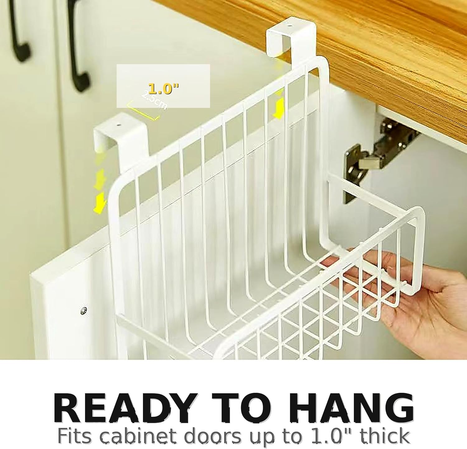 Cabinet Door Organizer, Over Cabinet Hanging Basket + 2 Adhesive Wall-Mounted Bins, White Metal & PP, No-Drill Space Saver for Kitchen, Bathroom, Under Sink, Office, Refrigerator, Bedside