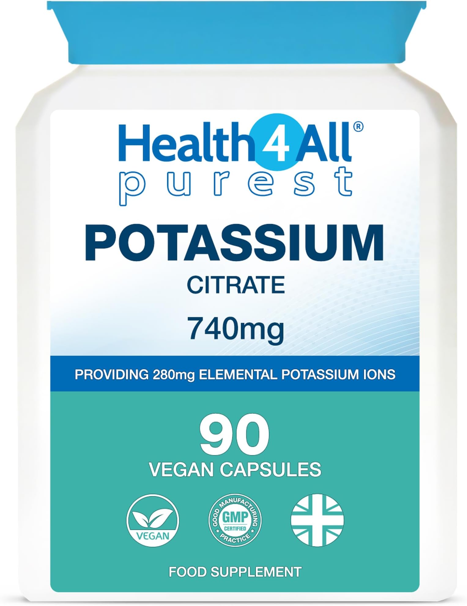 Health4All Potassium Citrate 740mg per Capsule 90 Capsules, Purest High Elemental K+ Ions, Vegan Electrolyte Supplement for Normal Blood Pressure & Muscle Function (not Tablets) | Made in UK