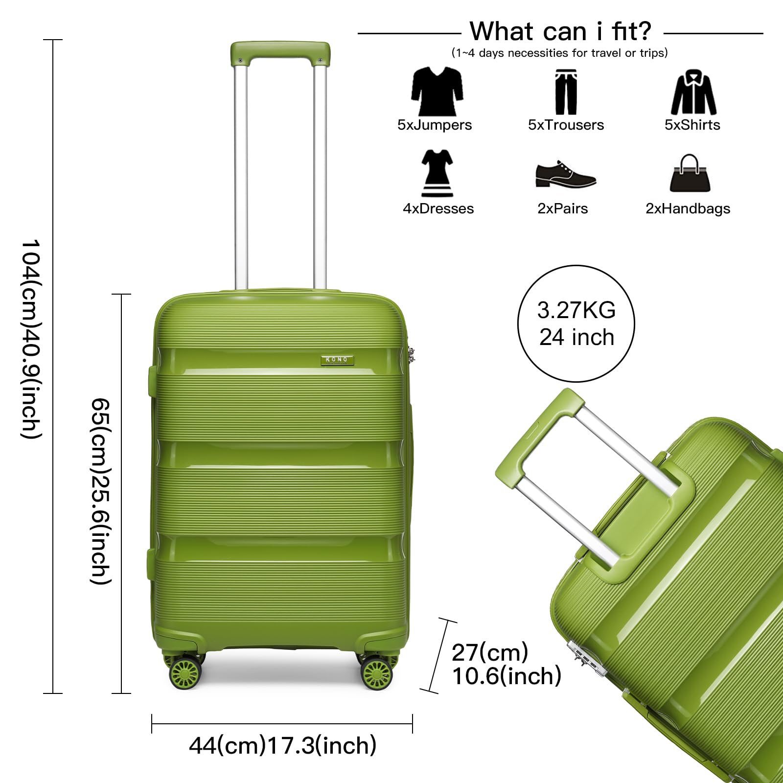 KONO Valigia Trolley Media 65cm Rigida e Leggera in Polipropilene Valige da Viaggio con 4 Ruote e TSA Lucchetto, Verde