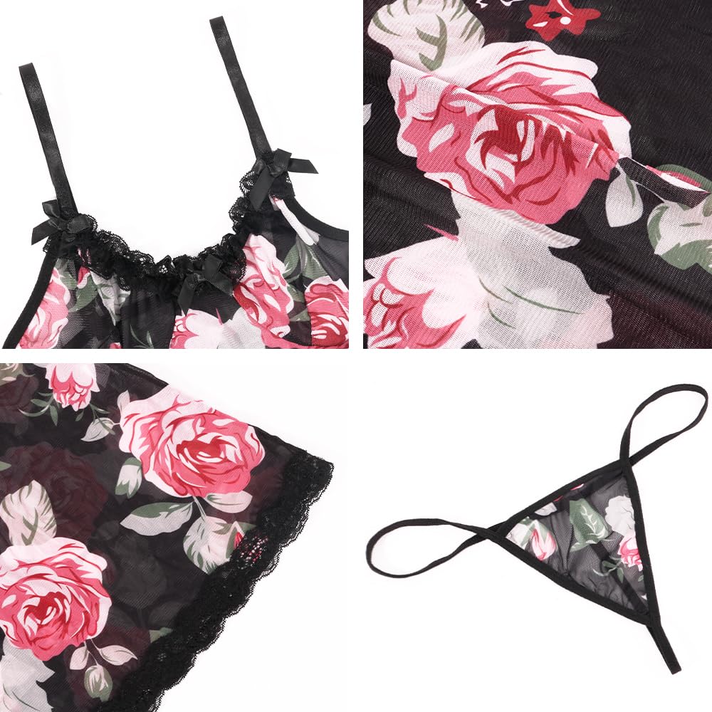 Sexy outfit Komplet bielizny damskiej Seksowna bielizna nocna typu babydoll Kwiatowy nadruk w róże Siateczkowa koszula nocna V Neck Prześwitująca miękka koszulka Bielizna nocna ze sznurkiem G