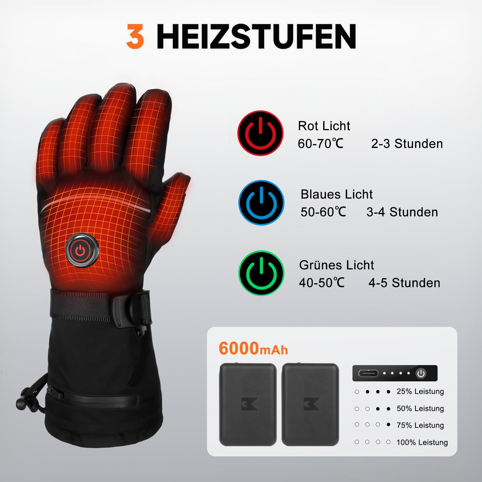 Beheizbare Handschuhe, 6000mAh Akku USB Beheizte Handschuhe für Damen Herren, 3 Heizstufen wasserdichte Touchscreen Handschuh Beheizbarer (Schwarz-EU, XL)