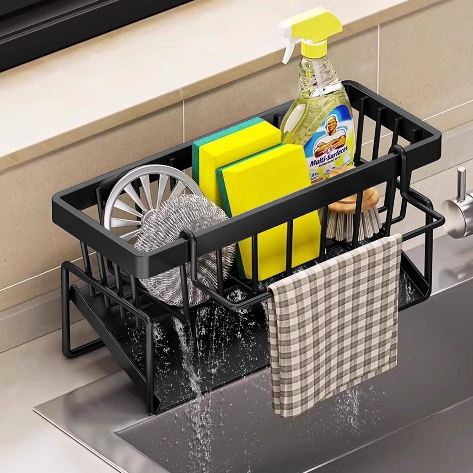 WOGOPRO Spülbecken Organizer, Küchen Organizer Schwammhalter mit Selbstentleerender Ablaufwanne und Spüllappenhalter für Küche und Badezimmer, 