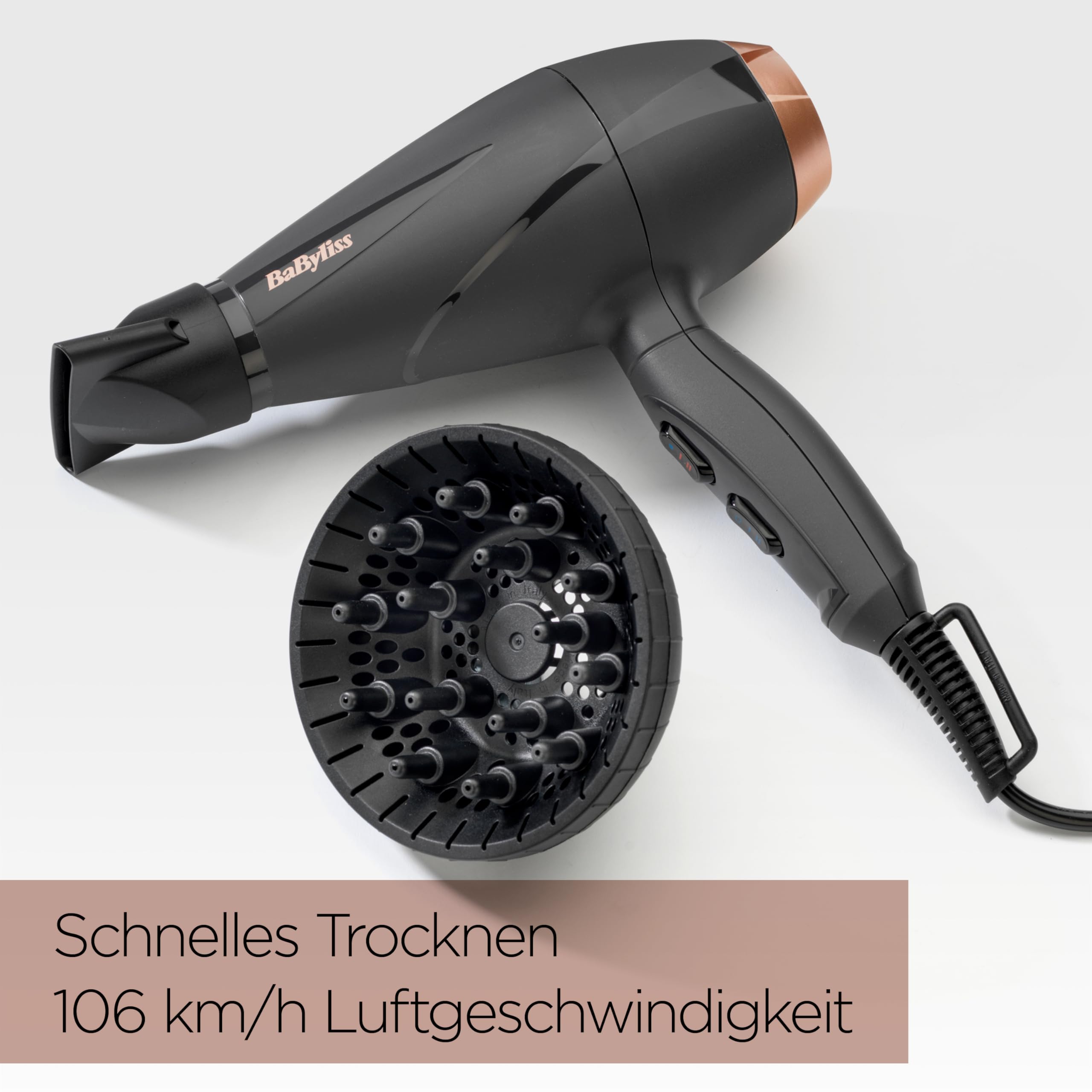 BaByliss Smooth Pro Föhn mit Diffusor – Leistungsstarker 2100 W Fön, hergestellt in Italien, Ionen-Technologie mit Anti-Frizz, 3 Temperaturen & 2 Geschwindigkeitsstufen, Schwarz, 6709DE
